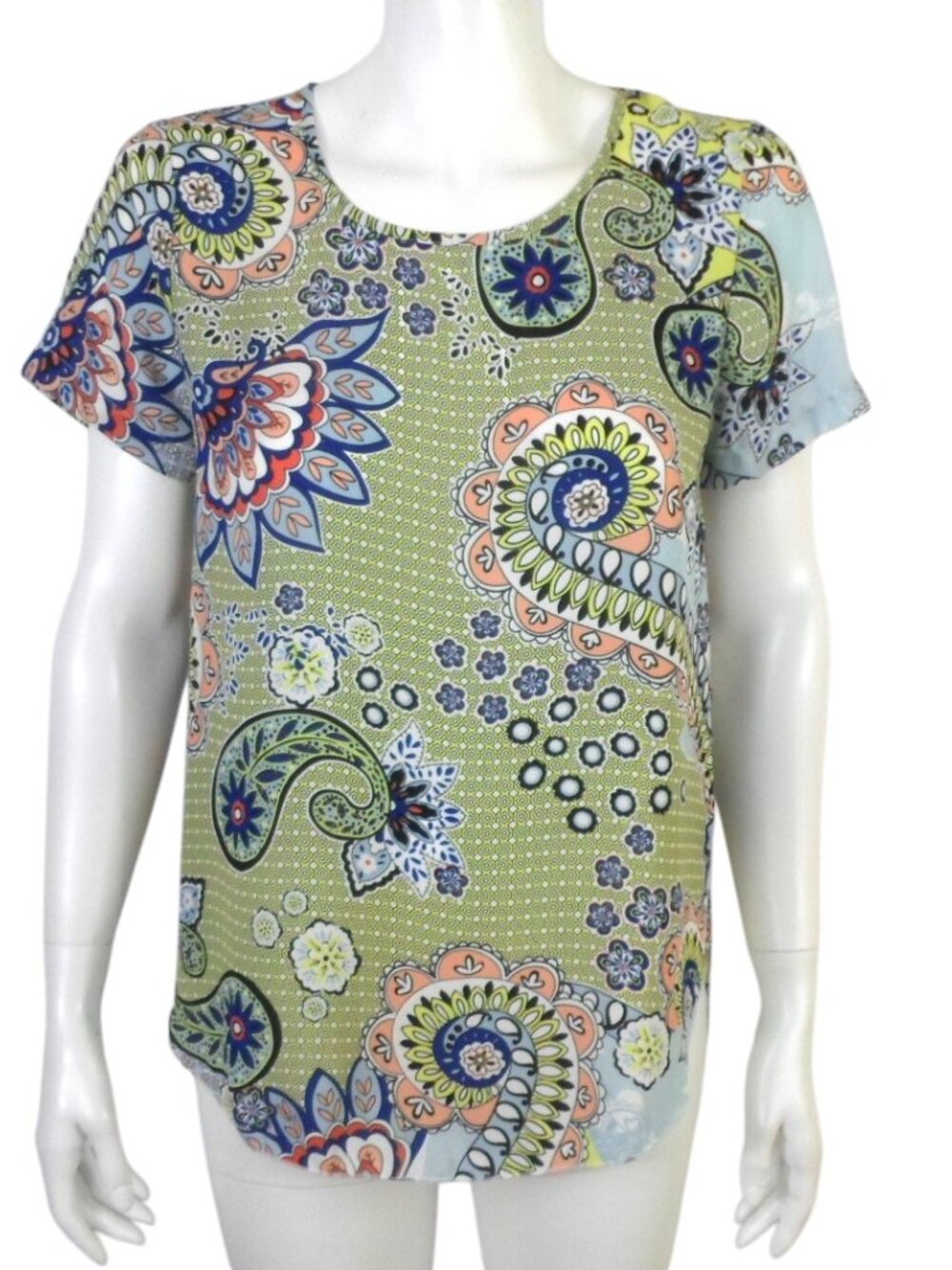 Spense Paisley Floral Blue Yellow Short Sleeve High Low Tunic Top